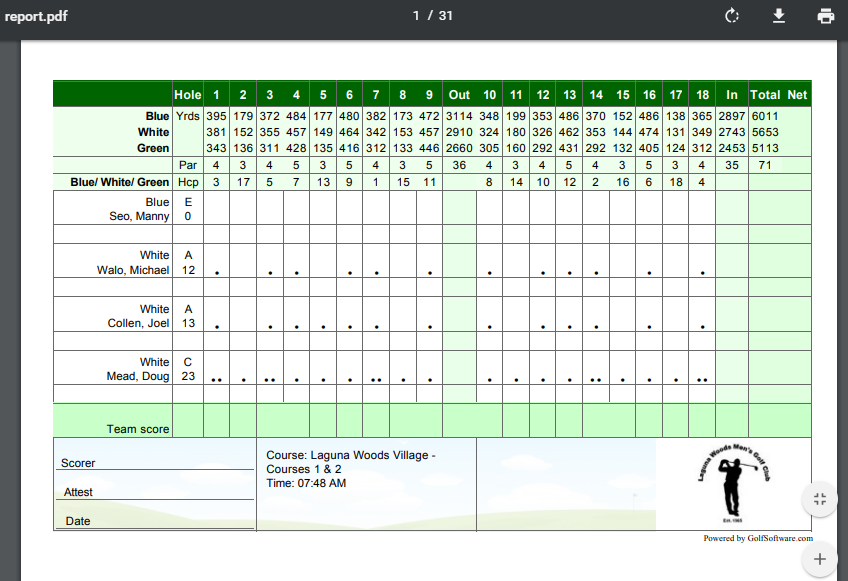 TSS-1 Tournament Software Card Blank – Golf Associates